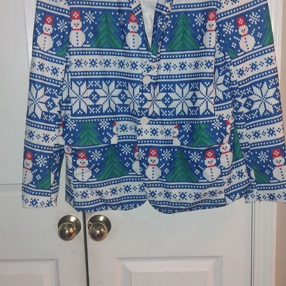 Arvihill blue white snowflake snowman crazy christmas party blazer Sz M NWOT - Picture 2 of 6